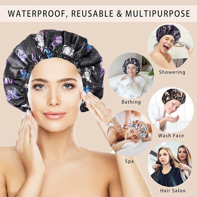 Shower Cap for Women, Double Layers Shower Caps Reusable Waterproof, Bathing - Image 3
