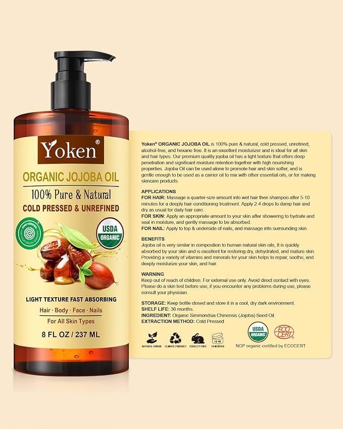 Yoken USDA Organic Jojoba Oil Cold Pressed 8 fl oz, 100% Pure & Natural - Image 7