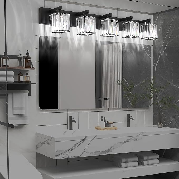 Aipsun Bathroom Vanity Light Black Light Fixtures 5 Light Crystal Vanity Light - Image 5