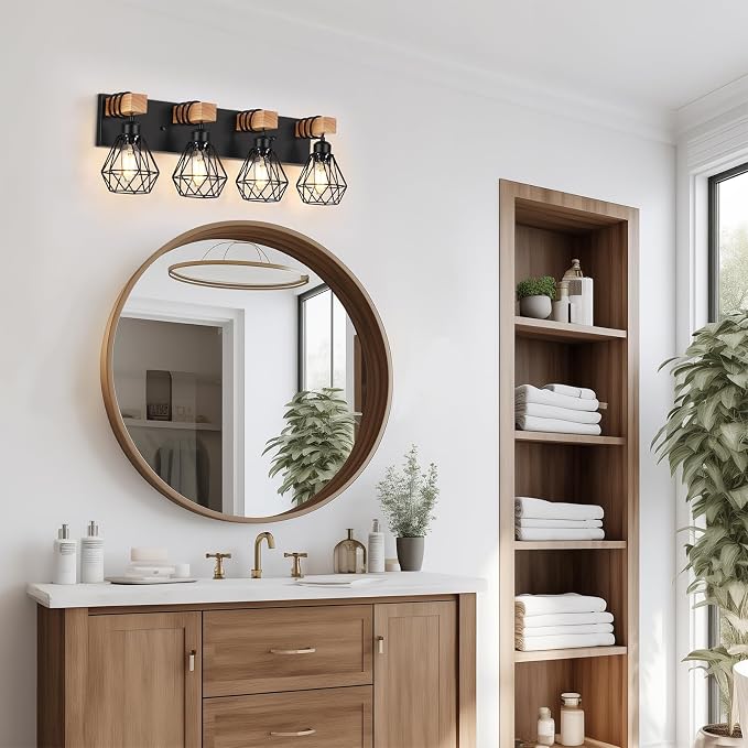 FadimiKoo 4-Light Farmhouse Bathroom Light Fixtures Over Mirror, Rustic Wood - Image 6