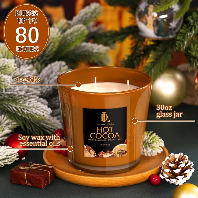 Large Candle Hot Cocoa Scented, 4 Wick Natural Soy Candles - Image 3