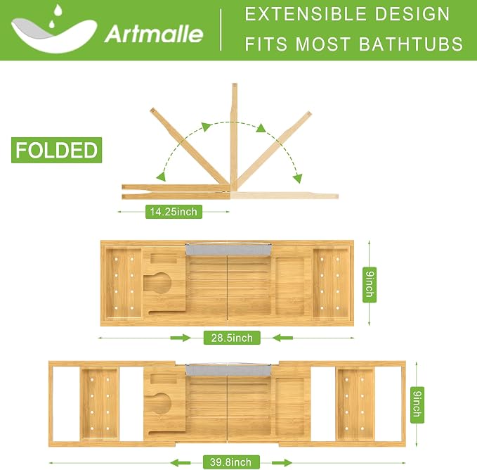 Bathtub Caddy Tray for Tub, Foldable Bath Table Trays, Bamboo Shelf - Image 3