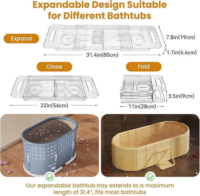 Foldable Bathtub Tray, Expandable to 80cm Acrylic Bath Tray - Image 4