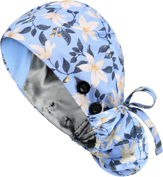 Satin Lined Scrub Caps with Buttons & Sweathand, Surgical Caps by Yuest