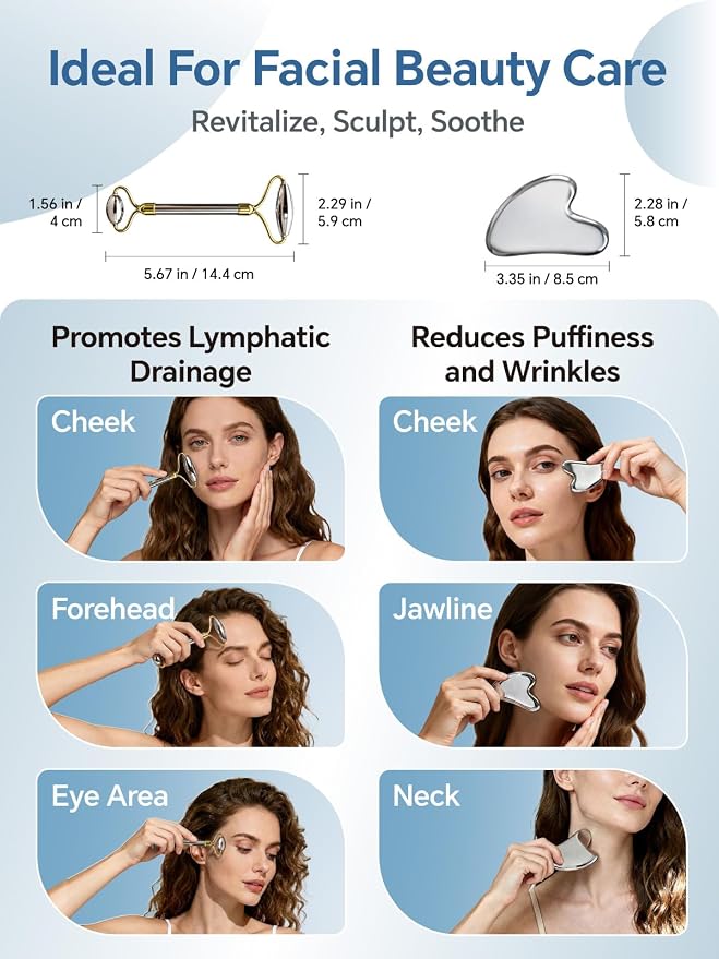 Stainless Steel Face Roller & Gua Sha Facial Tools, Face Massager - Image 5