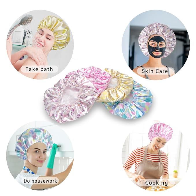 Shower Caps for Women, Double Layers Shower Cap Reusable Waterproof, Bathing - Image 5