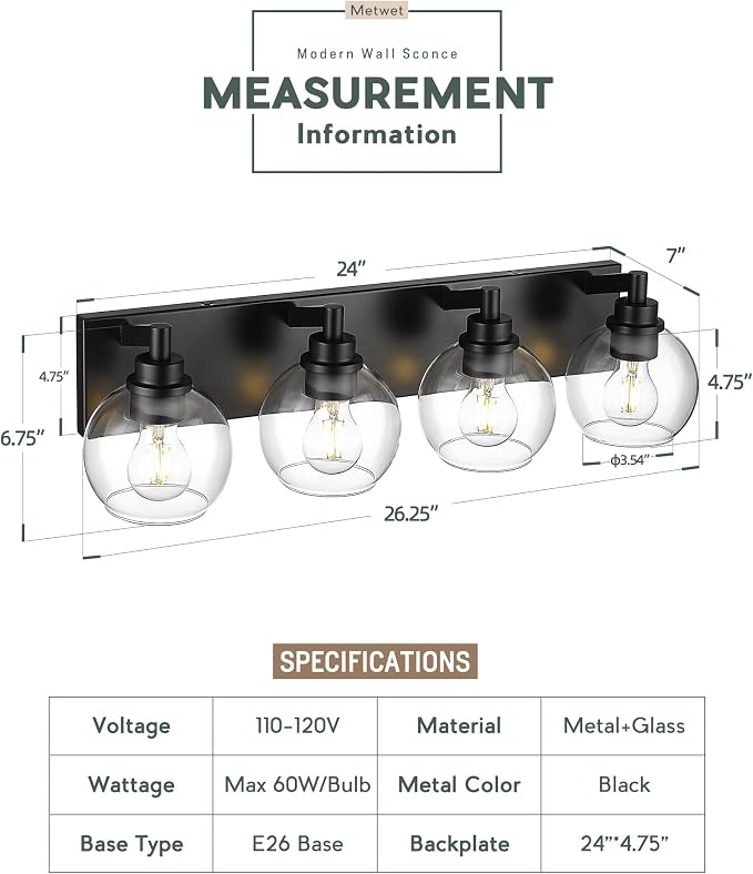 Bathroom Light Fixtures, 4 Light Matte Black Vanity Light, 26 Inch Modern Wall - Image 3