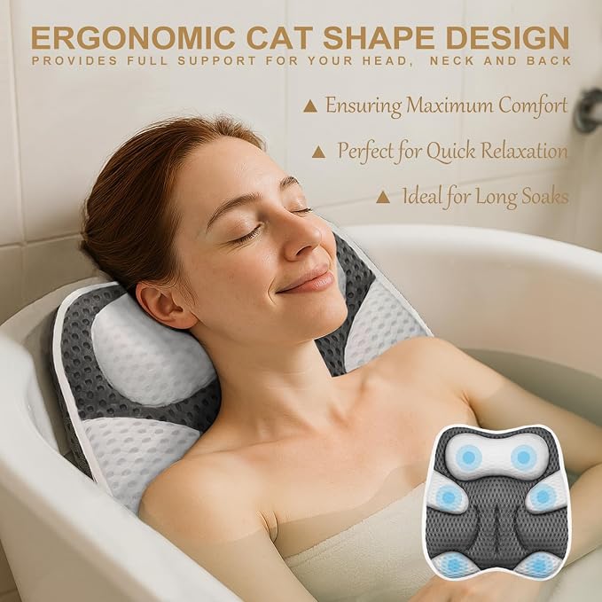Bath Pillow for Tub Ergonomic Cat Shape Design Bath Pillow for Head and Neck - Image 3