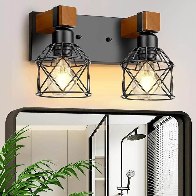 2-Light Farmhouse Bathroom Light Fixtures Over Mirror, Rustic Wood Vanity Lights by Unknown