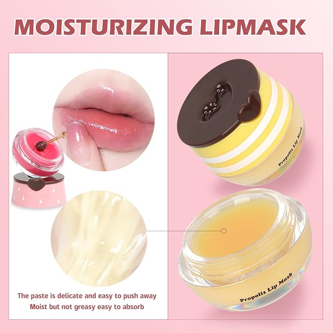2 PCS Bee Lip Balm Lip Mask Honey Pot, Honey & Strawberry Lip Mask Propolis - Image 6