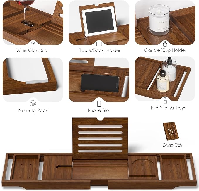 Kiasthome Teak Bathtub Caddy, Expandable Bath Tray, Non‑Slip Luxury Tub Caddy - Image 3