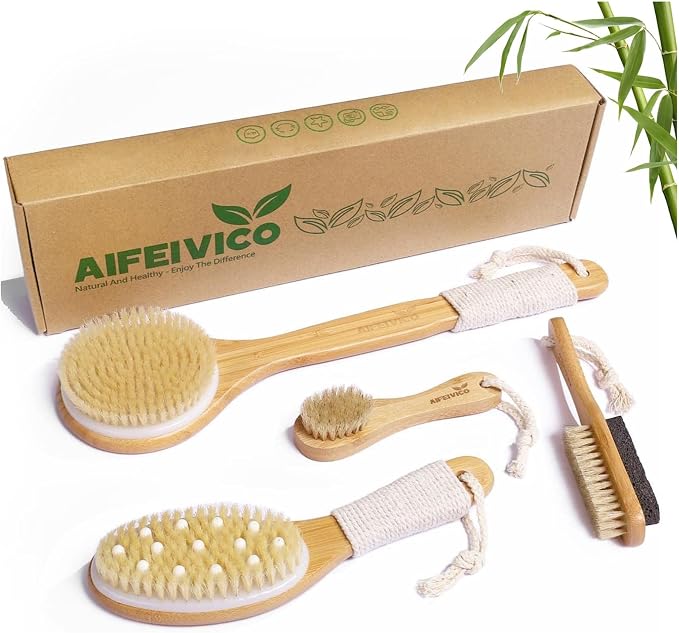 Dry Brushing Body Brush, Natural Boar Bristle Dry Brush, Bamboo Exfoliating Body by AIFEIVICO