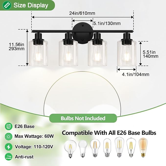 4-Light Bathroom Light Fixtures, Matte Black Modern Vanity Lights Over Mirror - Image 9