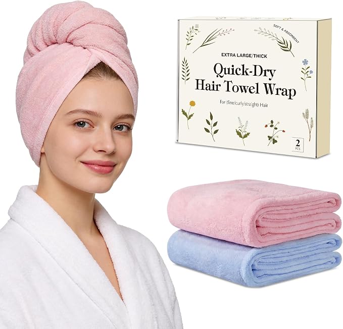 Microfiber Hair Towel Wrap for Women, 2 Pack Large Fast Drying Hair Towel by Unknown