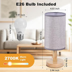 Gray Small Bedside Table Lamp for Bedroom, Natural Round Wood Base&Fabric Linen - Image 4