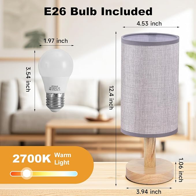 Gray Small Bedside Table Lamp for Bedroom, Natural Round Wood Base&Fabric Linen - Image 4