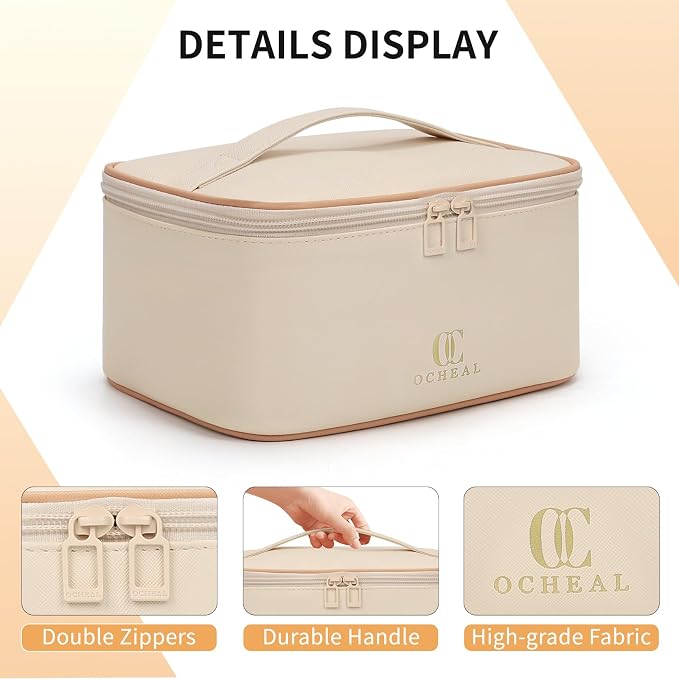 OCHEAL Beige Makeup Bag, Travel Makeup Organizer Bag, Large Capacity Cosmetic - Image 6