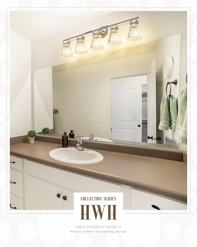Brushed Nickel Bathroom Vanity Light, HWH 5-Light Bathroom Light Fixtures - Image 7