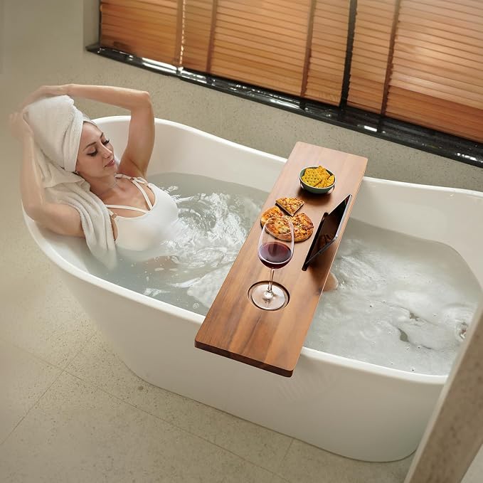 Tinamo Acacia Bathtub Caddy Tray Table | 35x9 Inch Large Bath Tub Wooden | - Image 5