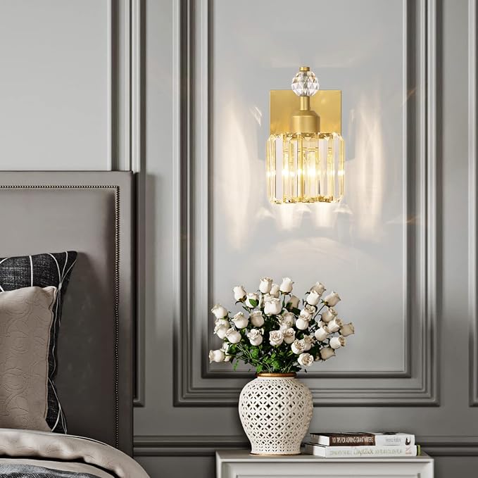 PRESDE Single Crystal Wall Sconce, Modern Gold Vanity Light Fixture, 1-Light - Image 4