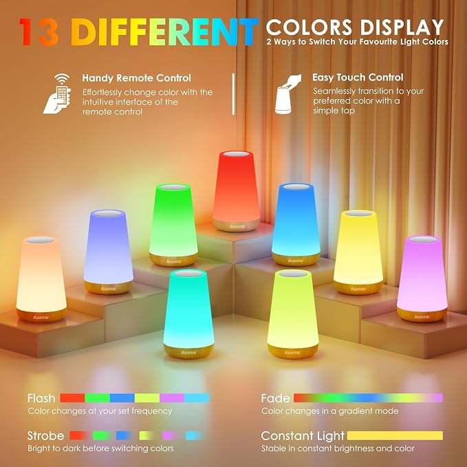 Auxmir LED Night Light Bedside Lamp Touch and Remote Control Dimmable Tabletop - Image 2