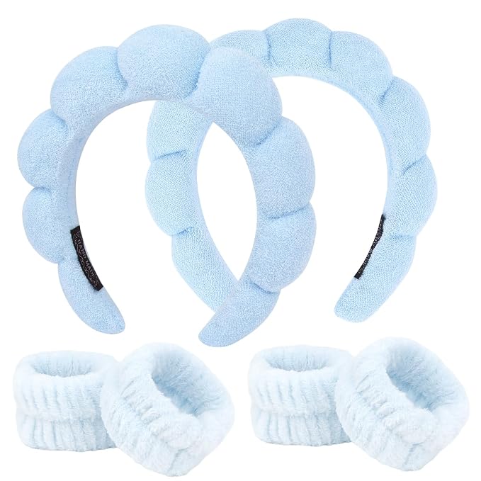 6Pcs Blue Spa Set, Skincare Wrist Washbands, Terry Cloth Headbands by ACO-UINT
