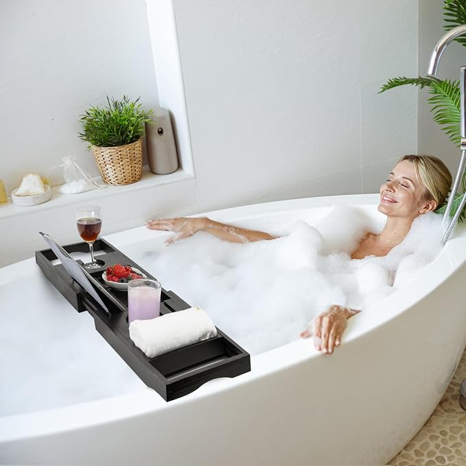 Utoplike Bamboo Bathtub Tray Caddy, Adjustable Bathroom Organizer - Image 3