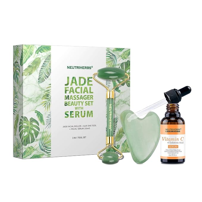 NEUTRIHERBS Jade Gua Sha & Face Roller & Vitamin C Serum Facial Tool Set by NEUTRIHERBS