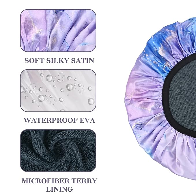 Purple Marble Print Satin Shower Cap, Three-Layer Terry Cloth Lined, - Image 3