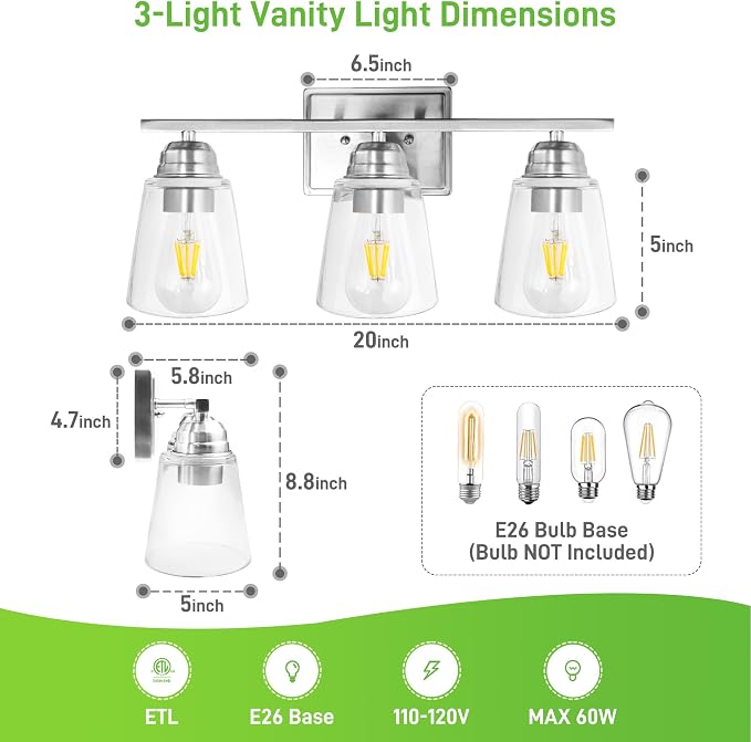 hykolity 3-Light Bathroom Vanity Light, 5-Piece All-in-One Bathroom Set - Image 5