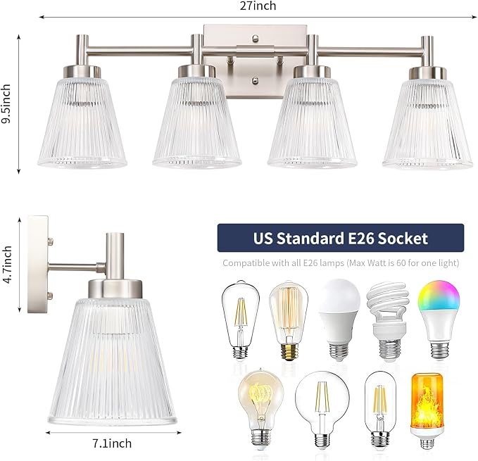 OCIOC 4-Light Vanity light fixtures, Brushed Nickel Vanity lights over mirror - Image 3