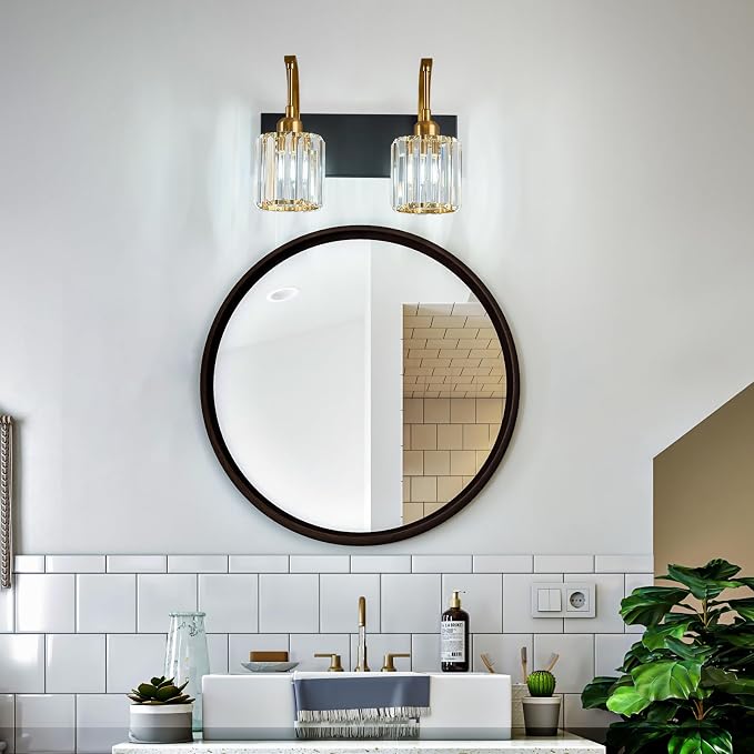 Bathroom Crystal Vanity Lights 2-Light Black Gold Wall Lamp Modern Crystal - Image 3