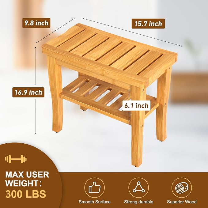 Bamboo Shower Bench Stool with Storage Shelf Waterproof Shower Chair Spa Bath - Image 6