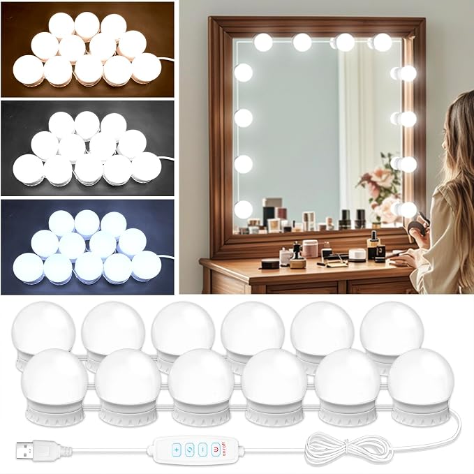 LED Vanity Mirror Lights with 12 Stick On Dimmable Bulbs, 3000K 4500K 6500K & by NEWKAZ