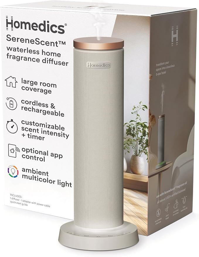 Homedics SereneScent Waterless Essential Oil Diffuser, Cordless Rechargeable by Homedics