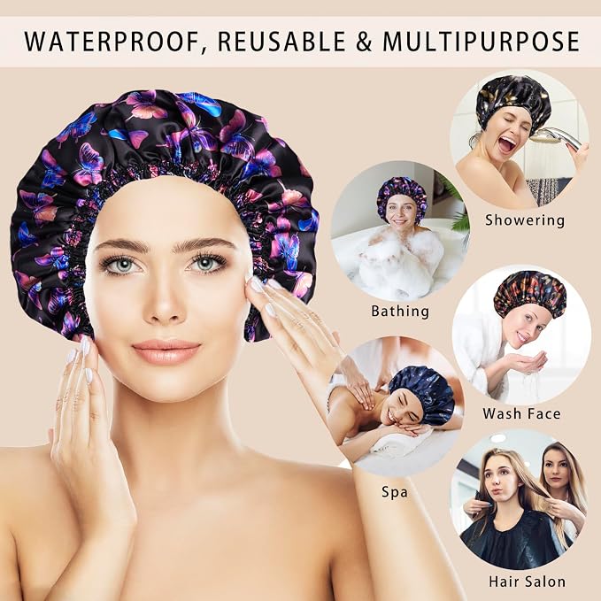 4 PCS Shower Cap for Women, Elastic and Reusable Bath Caps, Double Layers - Image 3