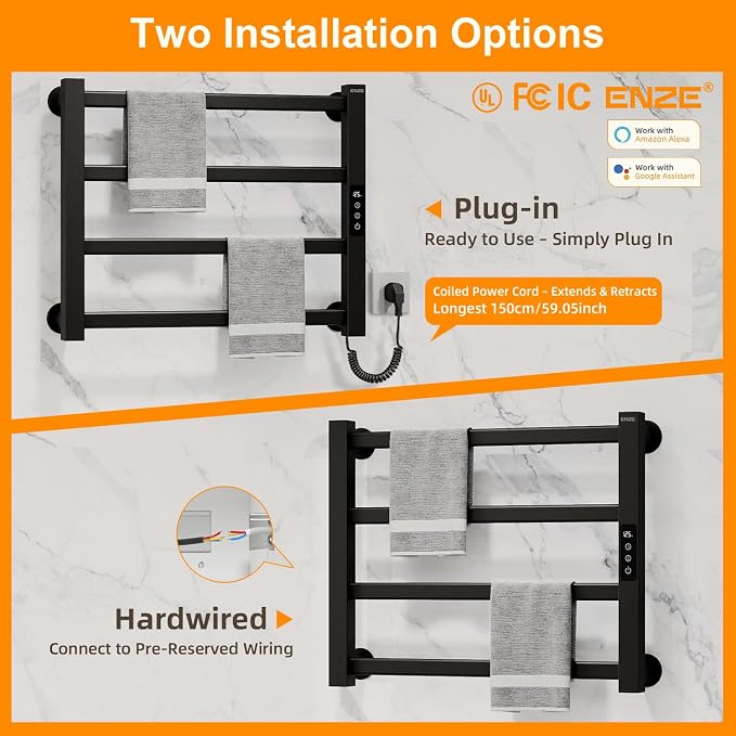 ENZE Smart Heated Towel Rack, 4-Bar Wall-Mounted Electric Towel Warmer 115W - Image 8