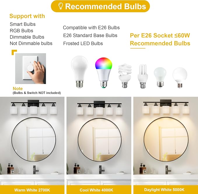 Sailstar 5-Light Bathroom Light Fixtures Over Mirror, Matte Black Vanity Lights - Image 5