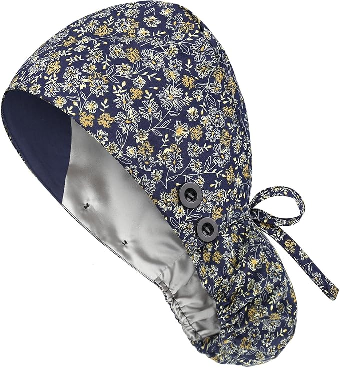 Satin Lined Scrub Caps with Buttons & Sweathand, Surgical Caps by Yuest