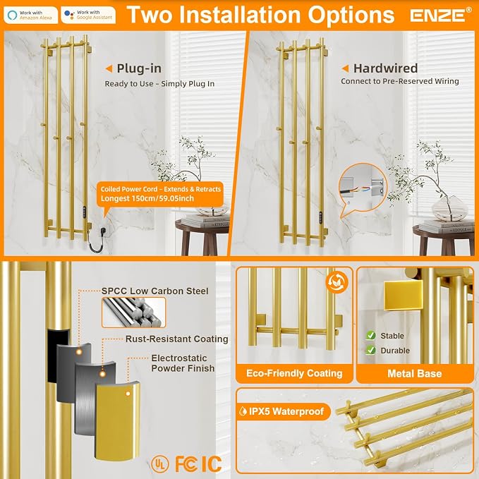 ENZE Smart Heated Towel Rack, Wall Mounted Electric Towel Warmer 300W - Image 8
