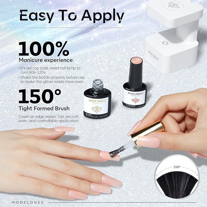 modelones Glitter Gel Top Coat, Reflective Iridescent Silver Mix Glitter - Image 5