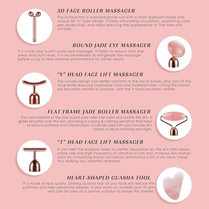 7pcs Facial Jade Roller and Gua Sha Kit, 100% Natural Jade Stone Face Massager - Image 7