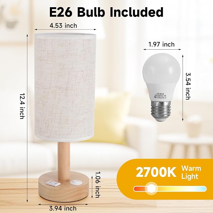 Small Bedside Table Lamp with AC Outlet, Natural Round Wood Base&Fabric Linen - Image 5