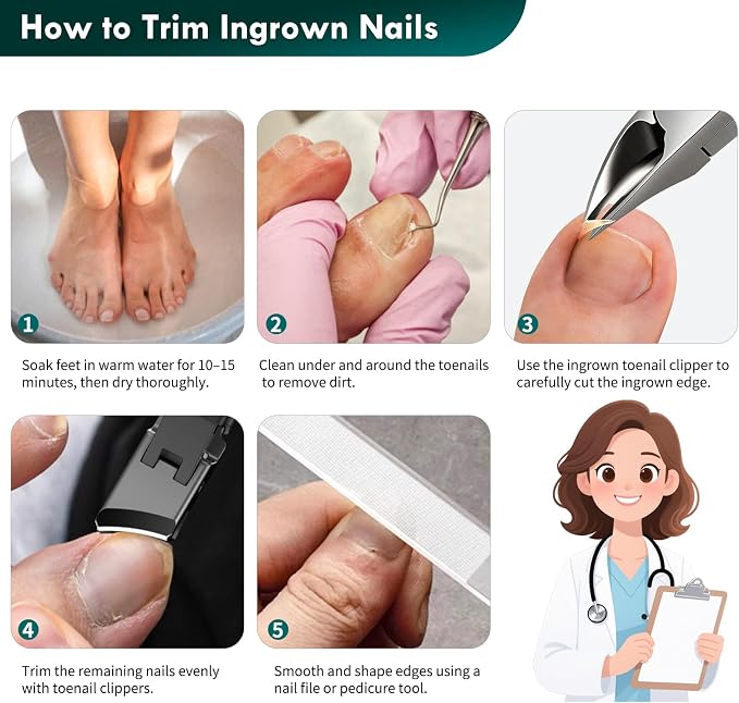 5-in-1 Professional Ingrown Toenail Tools Kit, Wide Jaw Slanted Nail Clippers & - Image 9