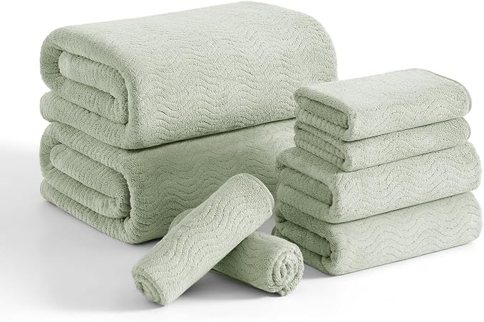 8 Piece Bath Towel Set Green|2 Oversized Large Bath Sheet, 2 Hand Towels by JessyHome
