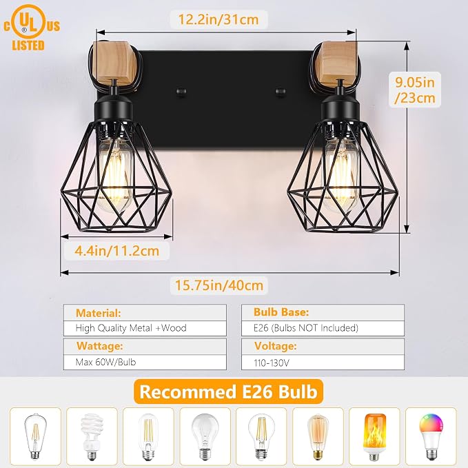 FadimiKoo 2-Light Rustic Style Wood Bathroom Wall Sconce, Farmhouse Vanity - Image 2