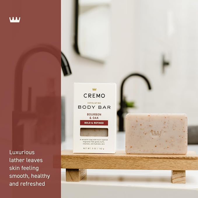 Cremo Exfoliating Body Bar for Men, Bourbon & Oak Scent, Cleanses and Hydrates - Image 3