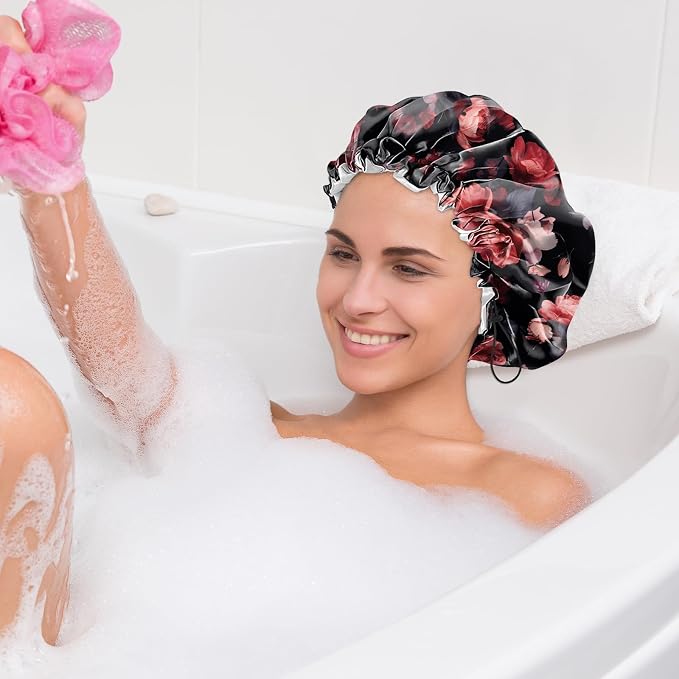 2 PCS Shower Cap Waterproof Double Layer Elastic Adjustable Reusable Hair Bath - Image 7