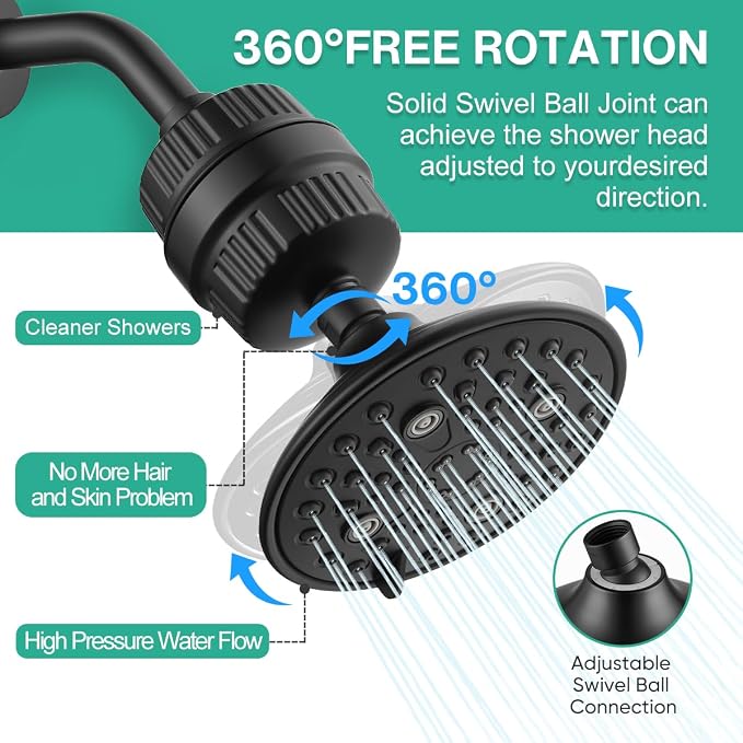 Cobbe 6-Setting High Pressure Filtered Shower Head Combo, Detachable Rain - Image 7