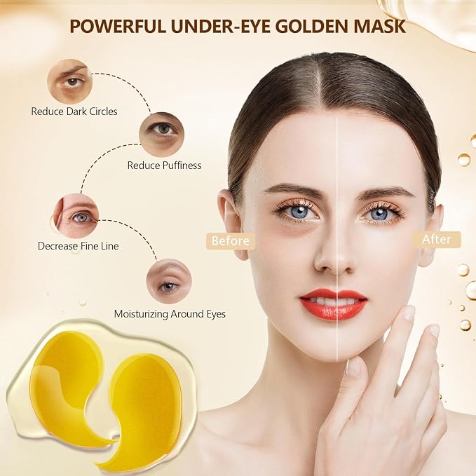 24K Gold Eye Mask 60Pcs, 5 Portable Golden Collagen Under Eye Patches, 30 Pairs - Image 2